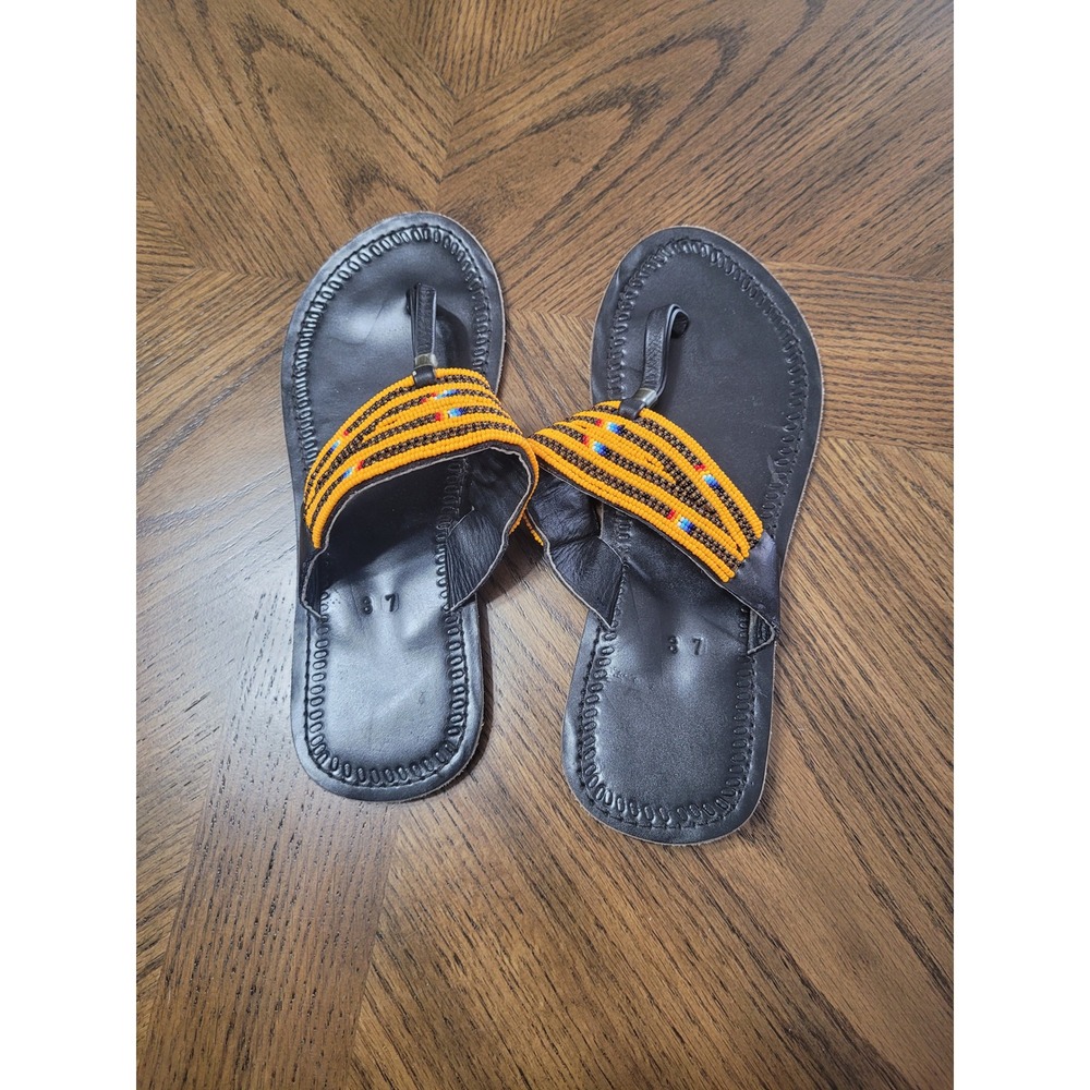 African Beaded Leather Sandals Womens 37 Yellow Orange Black Thong Flat